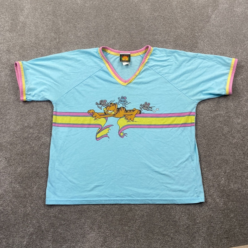 Garfield Girl's Cat Mouse Printed Graphics T-Shirt Size M Aqua Blue Short Sleeve